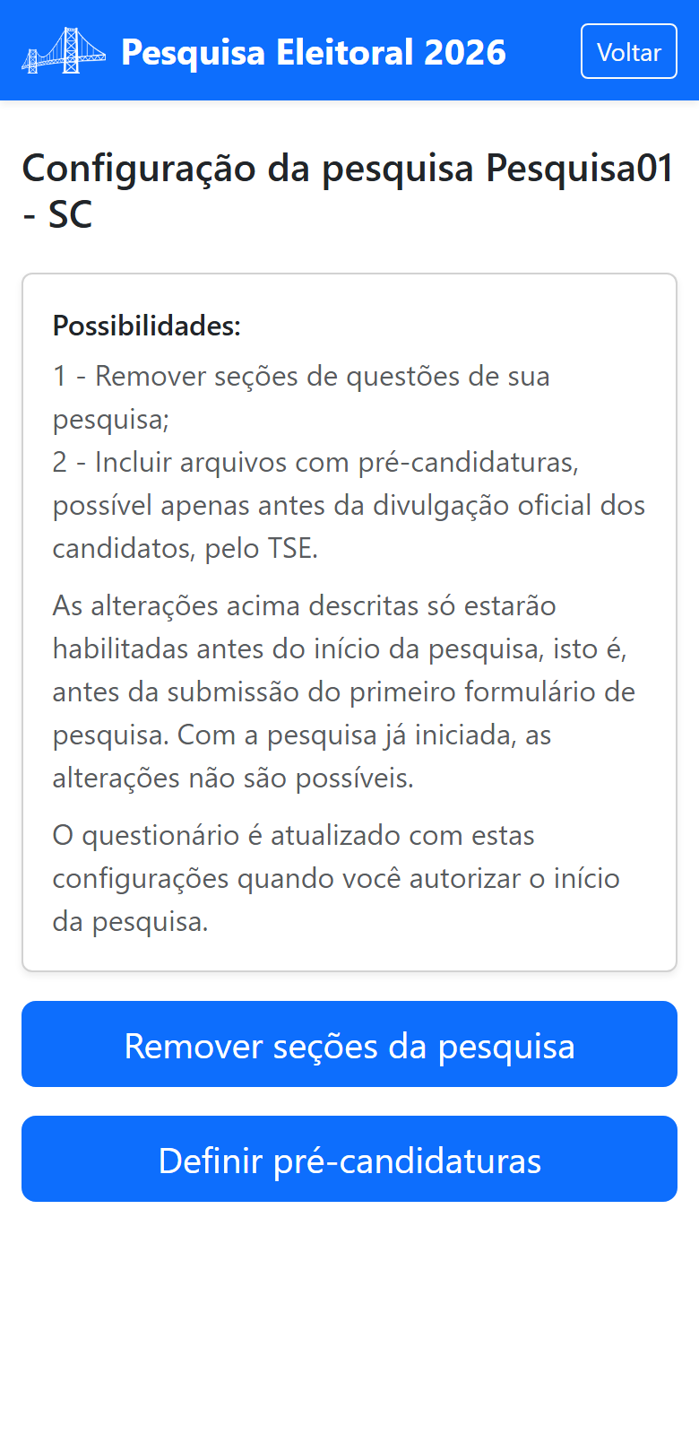 Tela de configuração do questionário