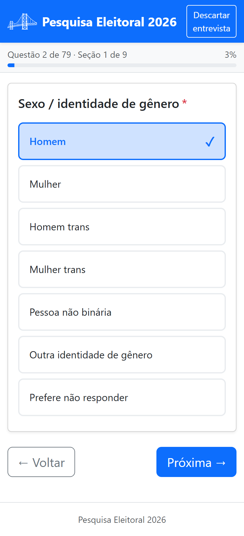 Tela de aplicação de questão pelo entrevistador
