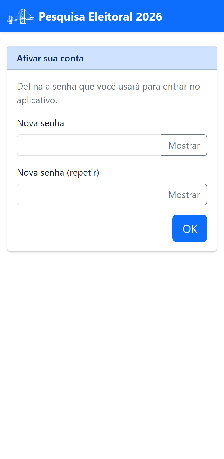 Tela de ativação da conta, com dois campos de senha
