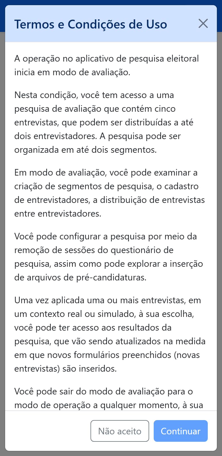 Termos e Condições do modo de avaliação