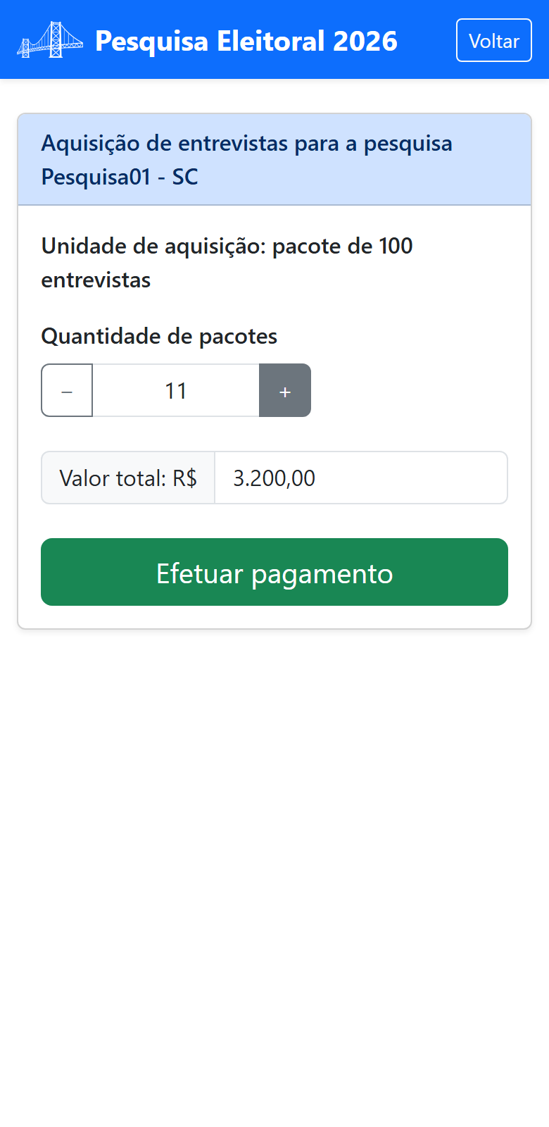 Tela de aquisição de entrevistas