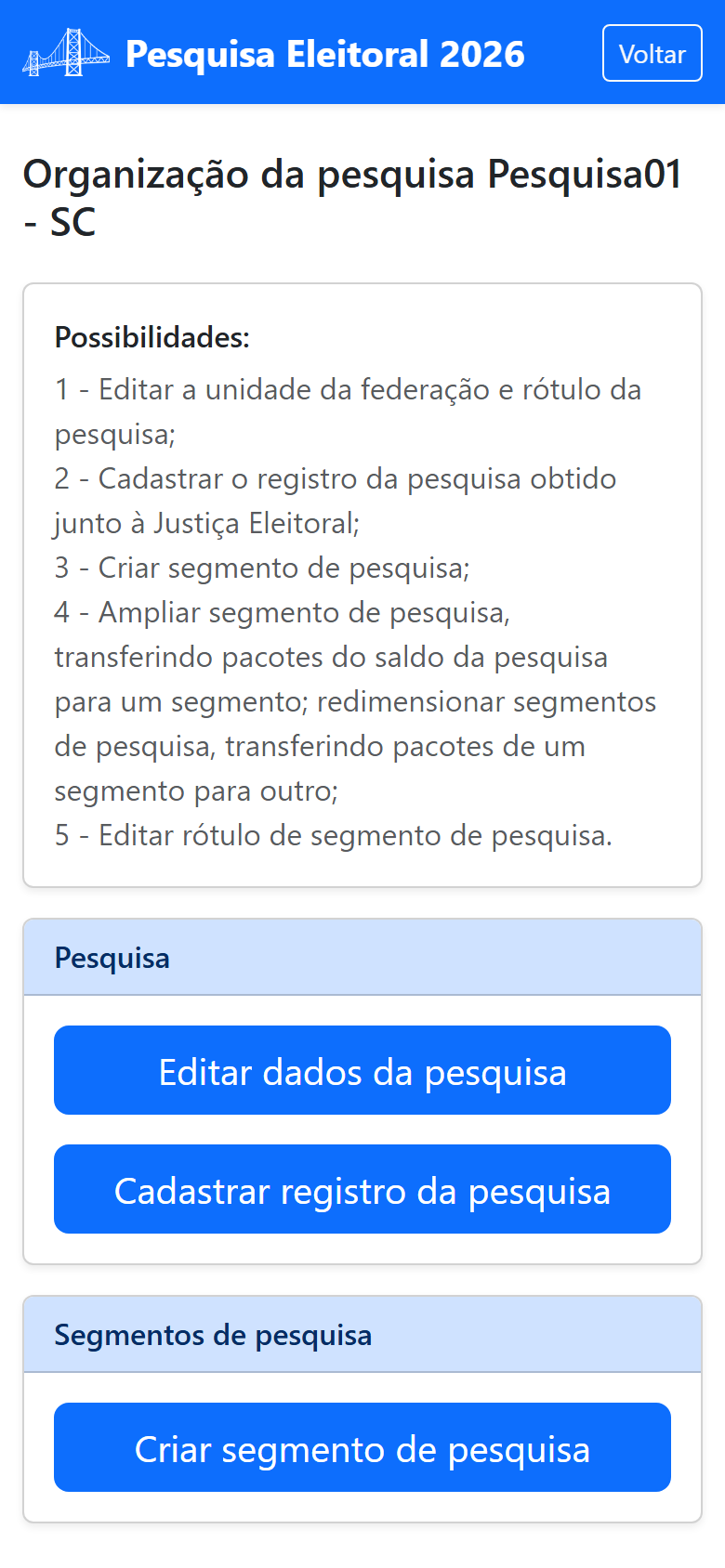 Tela de organização da pesquisa