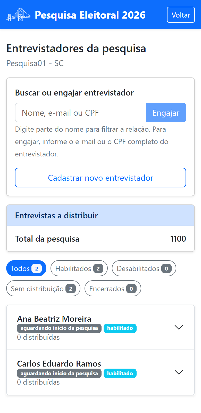 Relação de entrevistadores da pesquisa