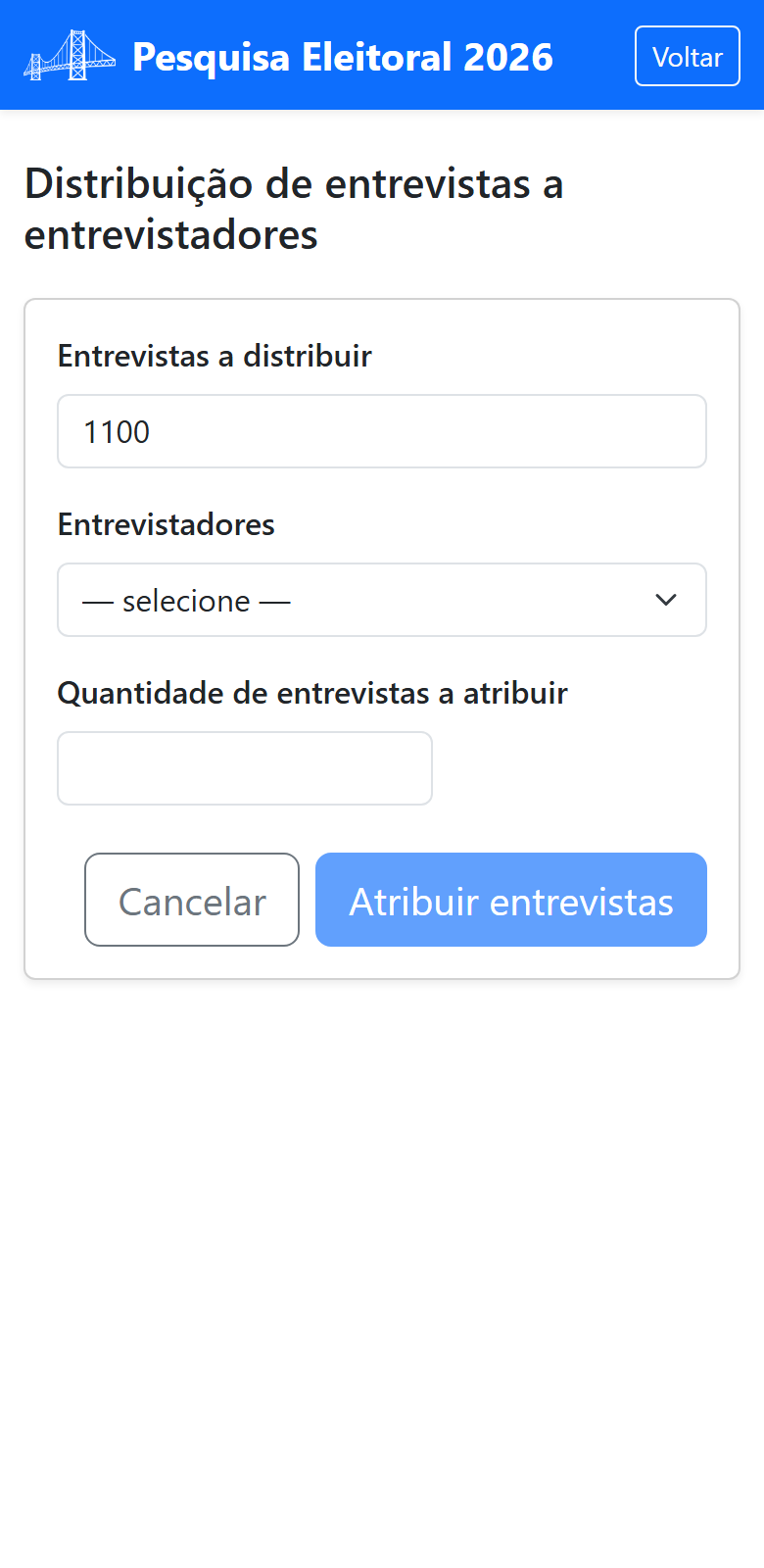 Tela de distribuição de entrevistas
