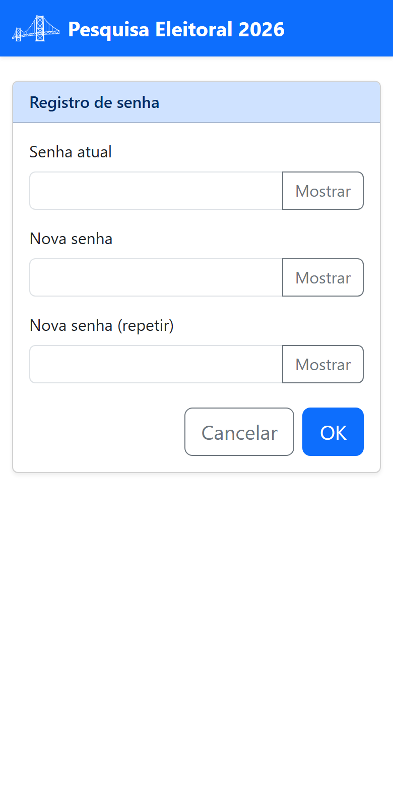 Tela de registro de senha, com senha atual e nova senha