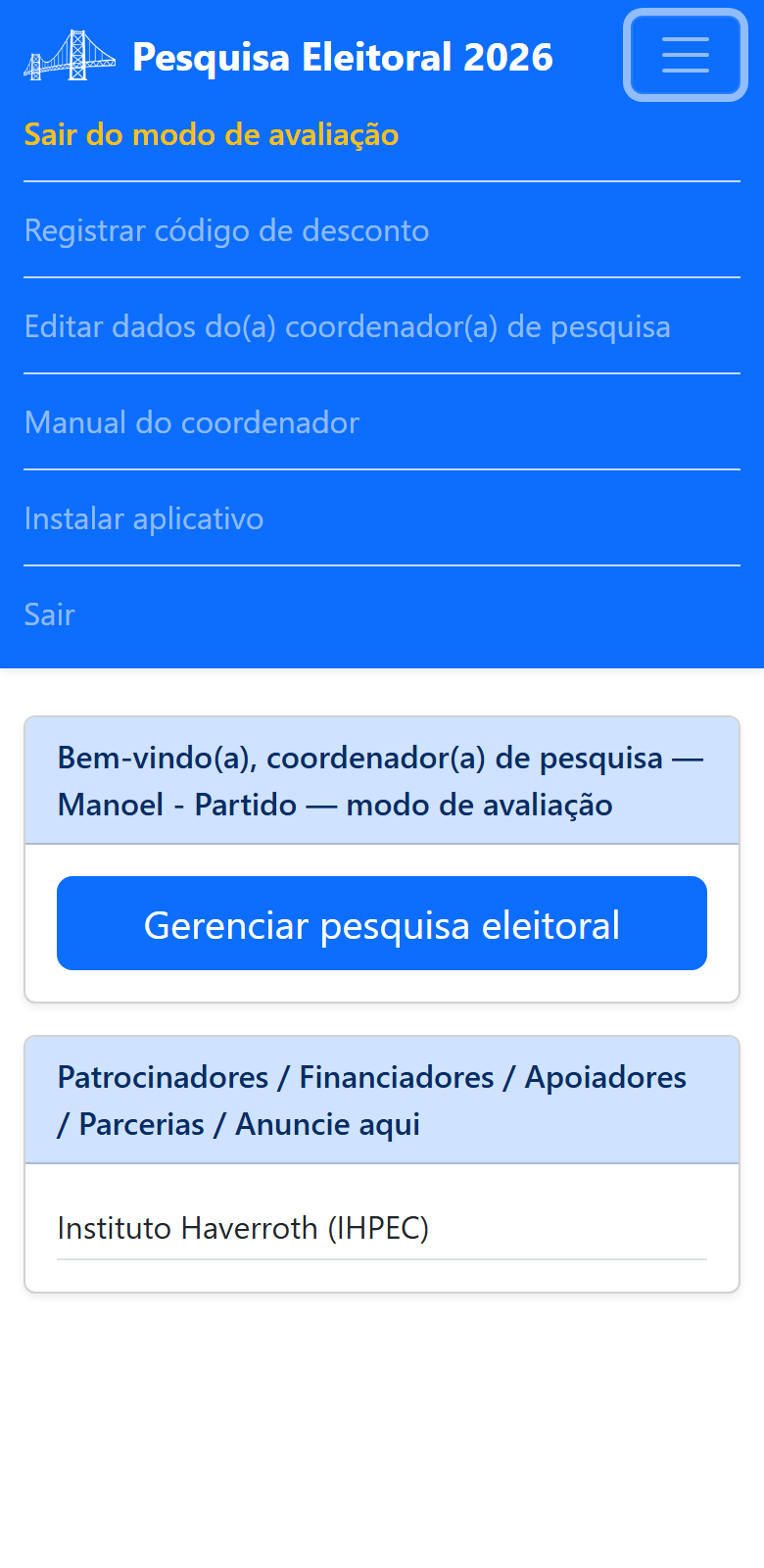 Menu da tela de boas-vindas no modo de avaliação, com o item Sair do modo de avaliação