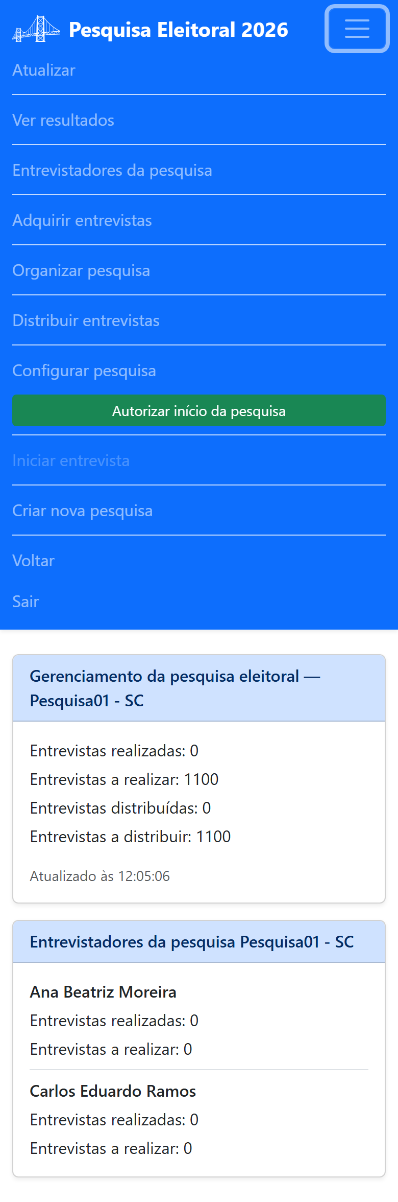 Menu do painel de gestão, aberto, com todas as ações