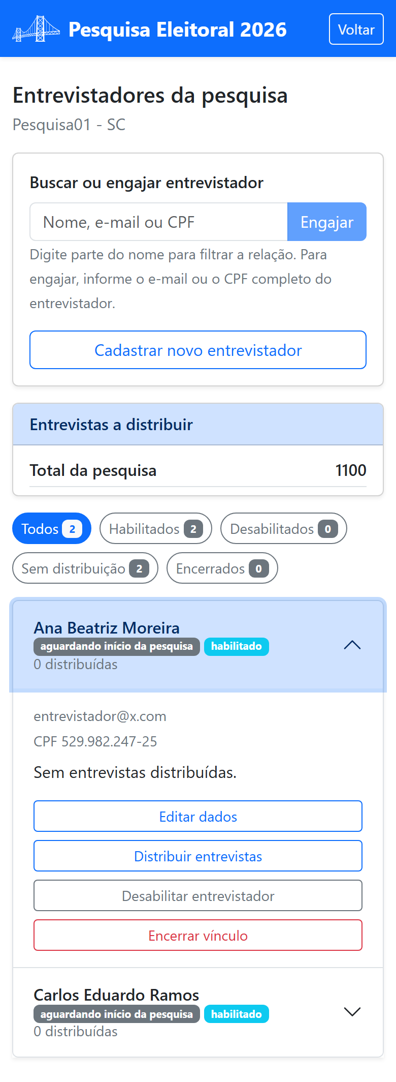 Uma linha da relação aberta, com os dados e as ações do entrevistador