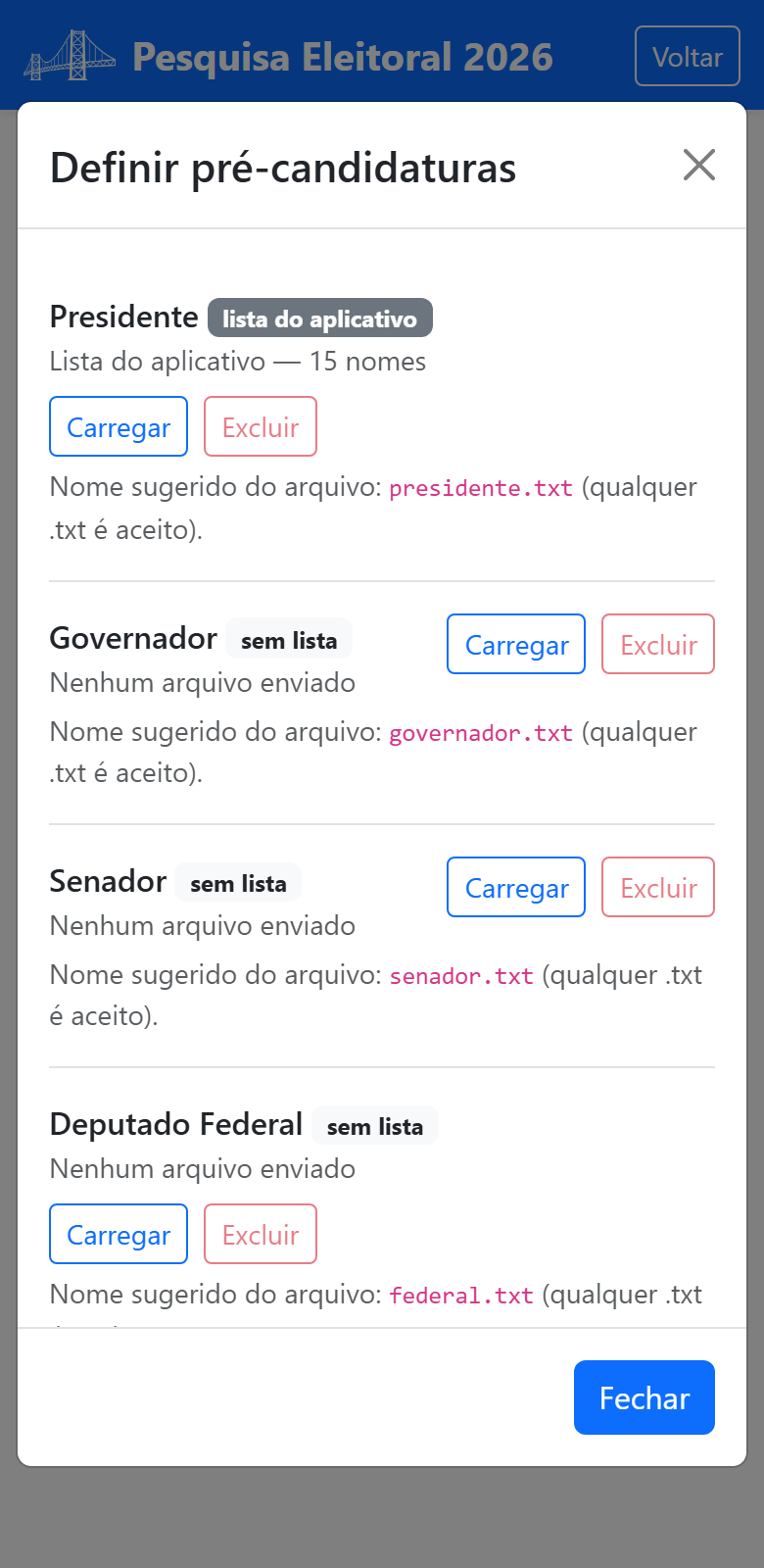 Janela de definição de pré-candidaturas, com uma linha para cada cargo