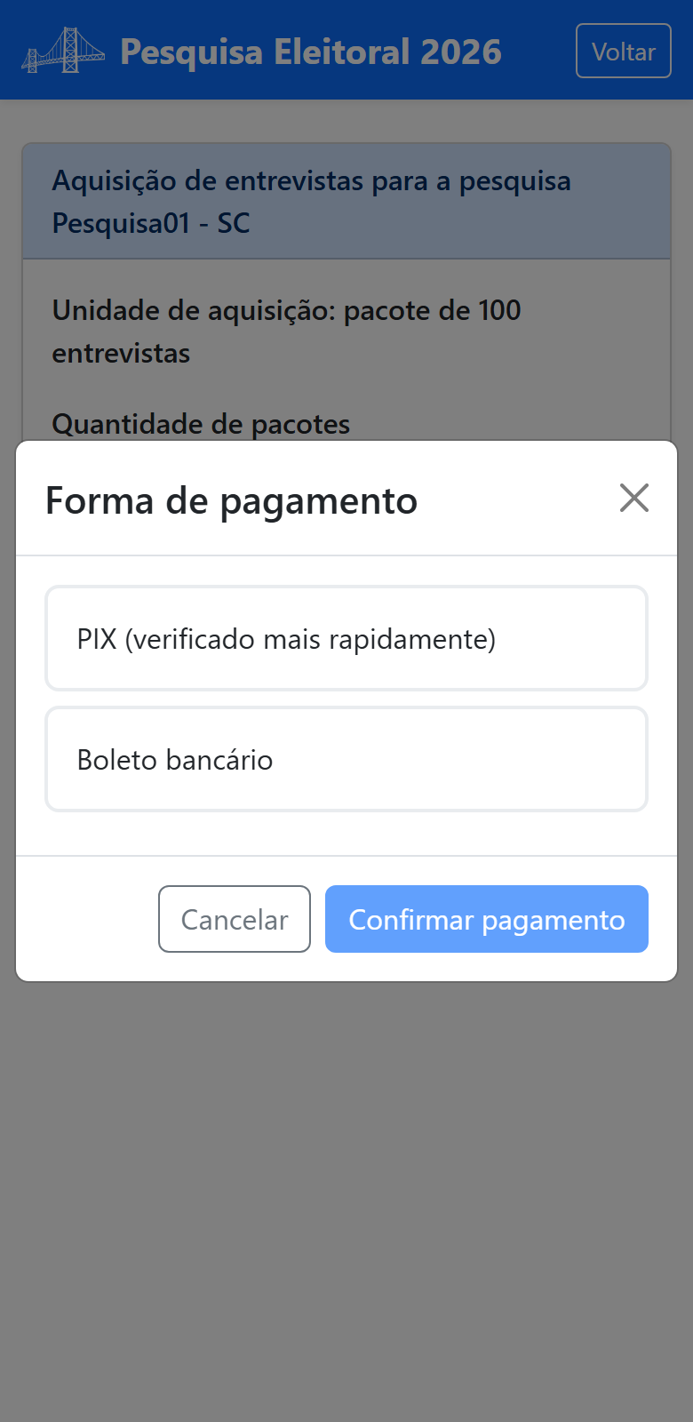 Janela de escolha da forma de pagamento: PIX ou boleto